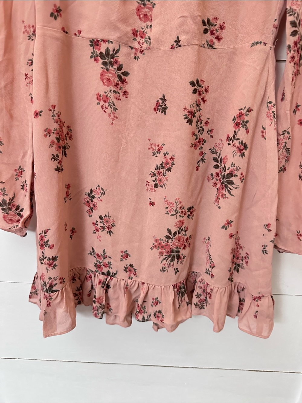 Reformation 4 Pink floral cotton ruffle detail tie neck long sleeve mini dress - Picture 4 of 16